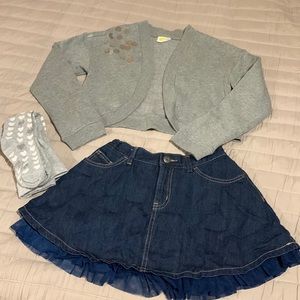 Crazy 8 Tulle Hem denim skirt, sequin fleece cardigan and heart tights set